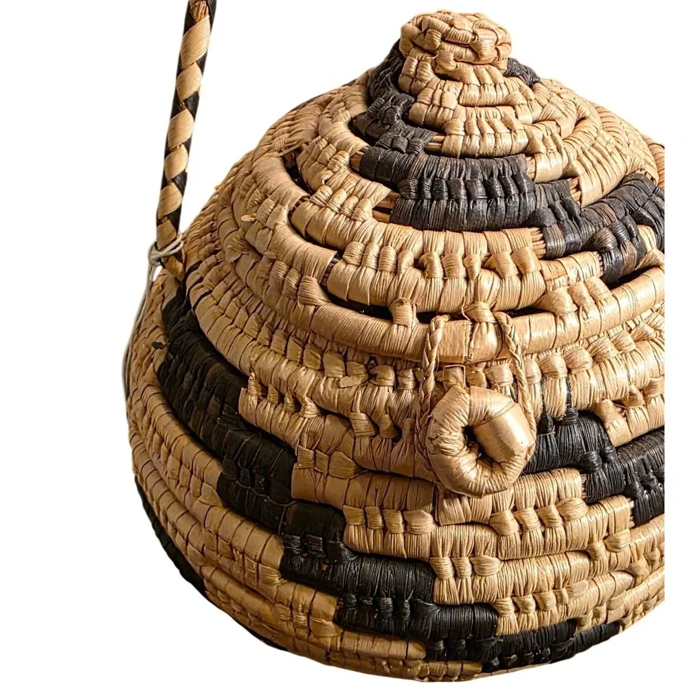 Sweetgrass Basket Tan Black Woven Straw Globe Lid Small